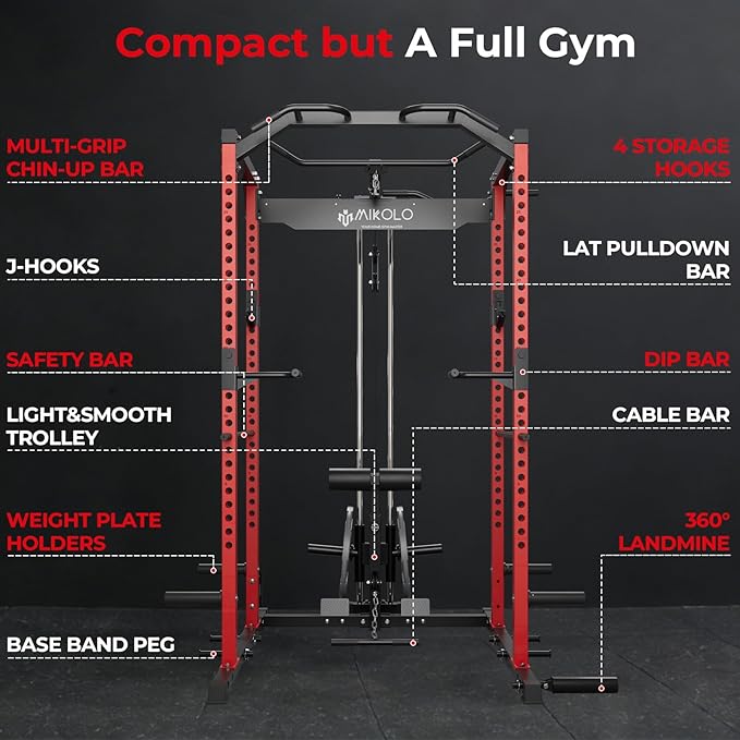 Mikolo F4 2.0 Power Cage with Dual-Track Smooth Pulley System, 1200LBS Power Rack with Leg Hold-Down for Heavy LAT Pulldowns, All-in-One Squat Rack with More Training Attachments for Home Gym