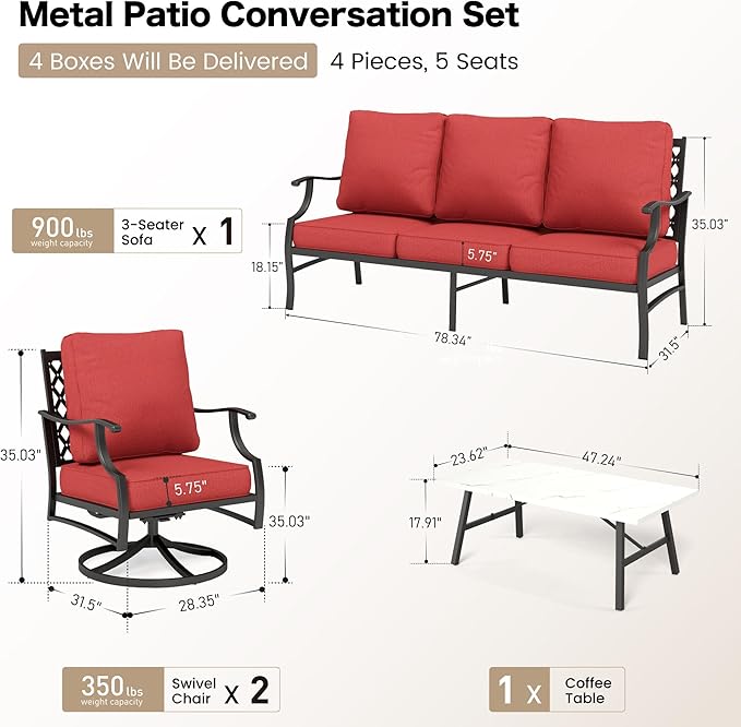 4 Piece Metal Outdoor Patio Furniture Sets, Patio Conversation Sets 1 3-seater Sofa, 2 Swivel Chair with 5.75" Extra Thick Cushion and Coffee Table, Black Frame Backyard Furniture, Red