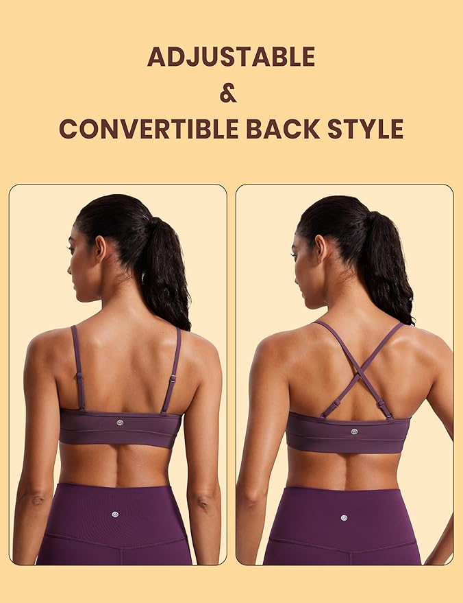 CRZ YOGA Butterluxe V-Neck Sports Bras for Women - Adjustable Thin Straps Padded Yoga Top Basic Wireless Camisole