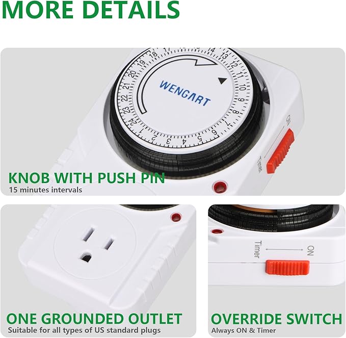 Wengart 24-Hour Mechanical Plug-in Timer, 15A 1HP Heavy Duty Indoor Outlet Timer for Lamps, Christmas Lights & Appliances, Programmable Switch with 15-Min Intervals, ETL Listed, White (1)