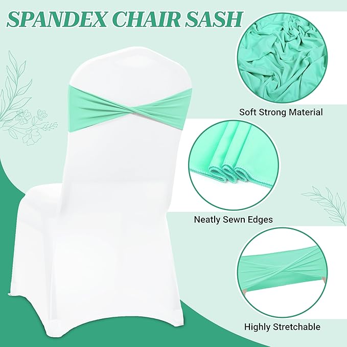MDS Pack of 200 Spandex Chair Sashes Bows Elastic Stretch Dining Chair Bands Ties Without Slider Buckle Universal fits for Wedding Baby Shower Birthday Party Banquet Event Decoration - Sea Green