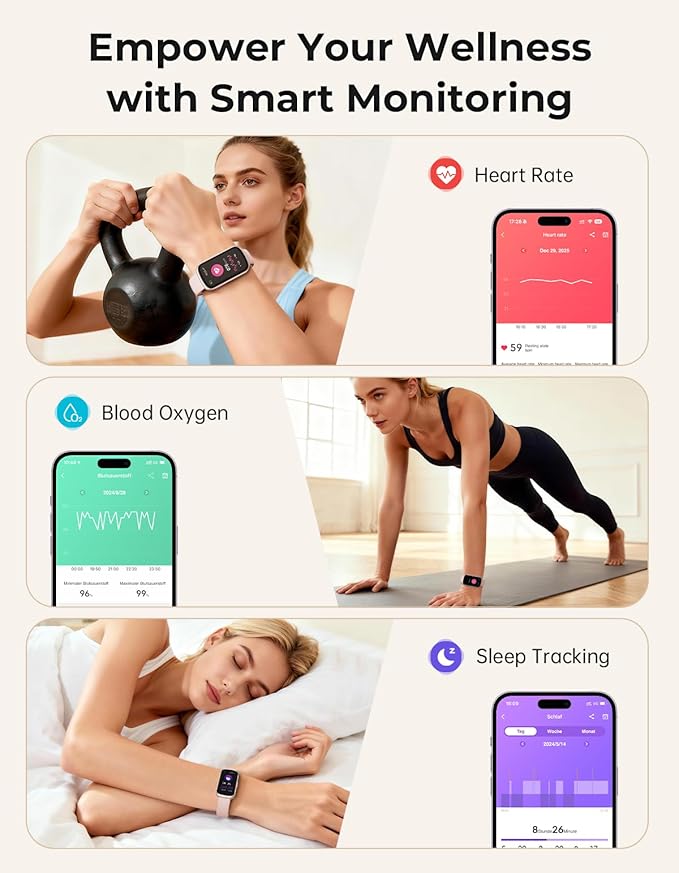 Fitness Tracker with 24/7 Heart Rate Monitor, Sleep Tracker - 3 ATM Waterproof Fitness Watch Calorie Step Counter Smart Watch Includes 3 Sport Bands for Android iOS Women Men, Mystic Rose