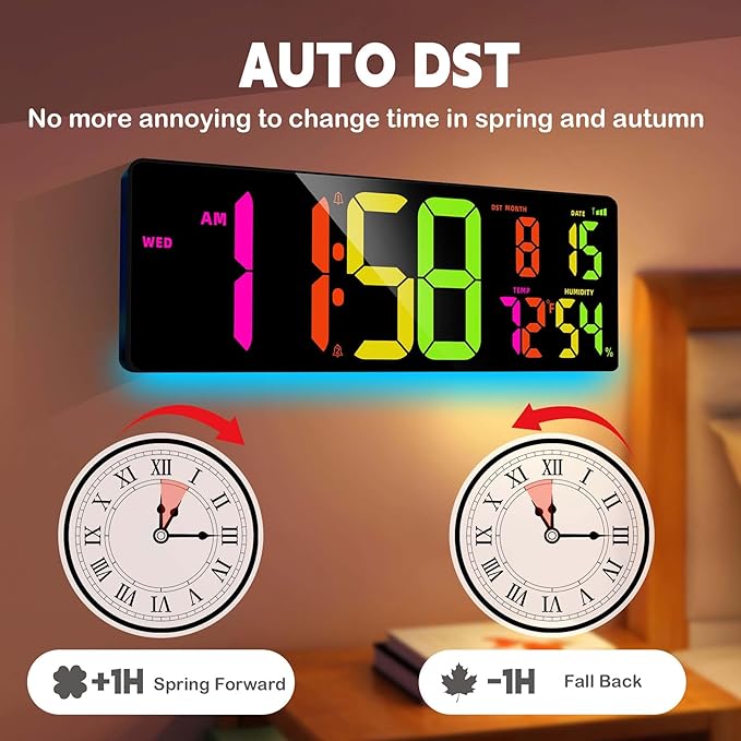 16.5" Large Digital Wall Clock, Bluetooth Sync Time, Count Down Timer, Dual Alarm, Big LED RGB Color, Auto DST, Digital Clock for Living Room Classroom Desk, Christmas Birthday Gift for Senior Mom Dad