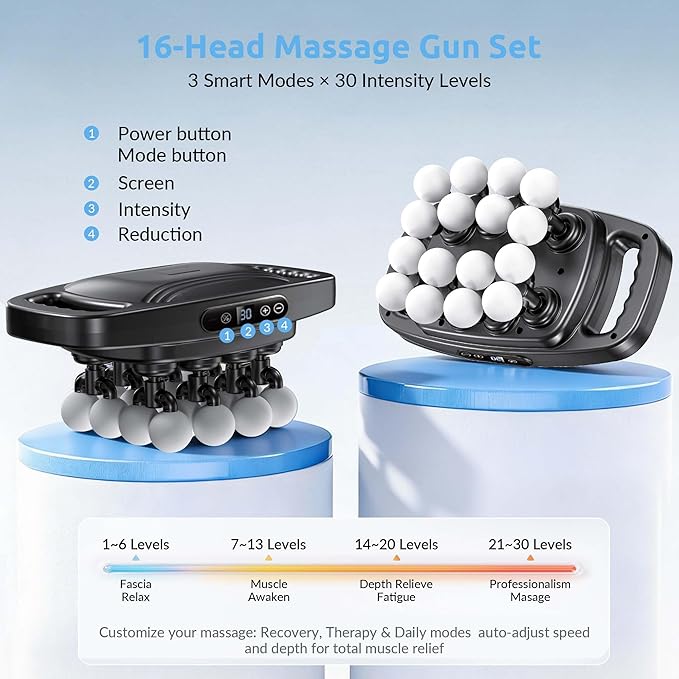 16 Head Massage Gun Deep Tissue, Percussion Massager with 3 Modes 30 Levels Quiet Powerful Motor for Muscle Recovery Pain Relief Back Neck Shoulders Home Gym Office