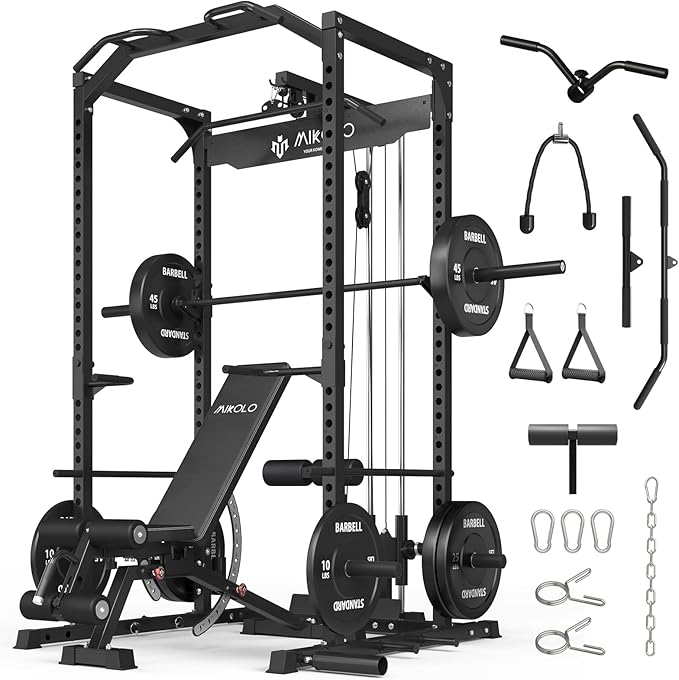 Mikolo F4 2.0 Power Cage with Dual-Track Smooth Pulley System, 1200LBS Power Rack with Leg Hold-Down for Heavy LAT Pulldowns, All-in-One Squat Rack with More Training Attachments for Home Gym
