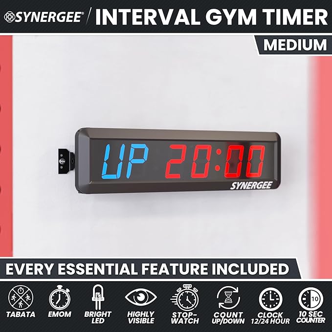 Synergee 16.5' Workout Interval Timer. Programmable Wall Mounted Gym Timer with Wireless Remote. Tabata EMOTM Stopwatch Count Up/Down MMA Clock