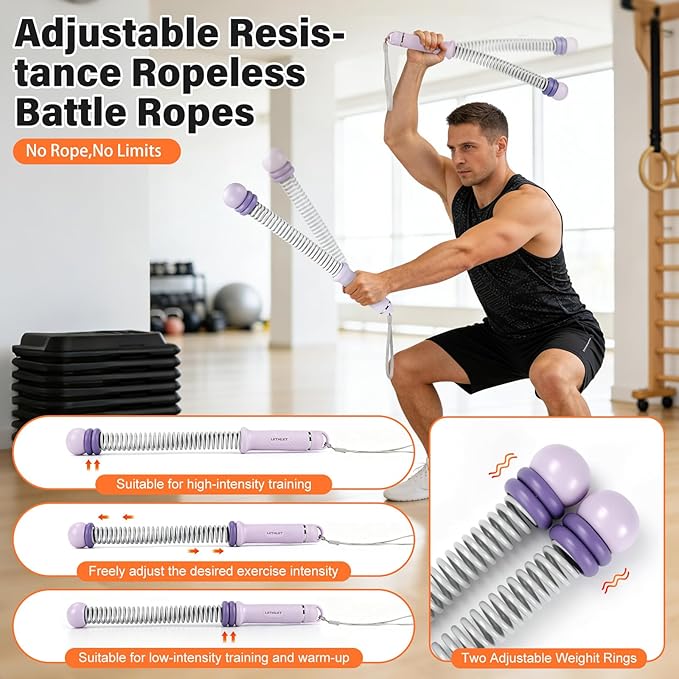 Weighted Ropeless Battle Ropes Adjustable Weight - Portable Cordless Battle Ropes for Home Gym with Workout Poster, Strength Building, HIIT & Low-Impact Cardio Training for Men & Women (Purple)