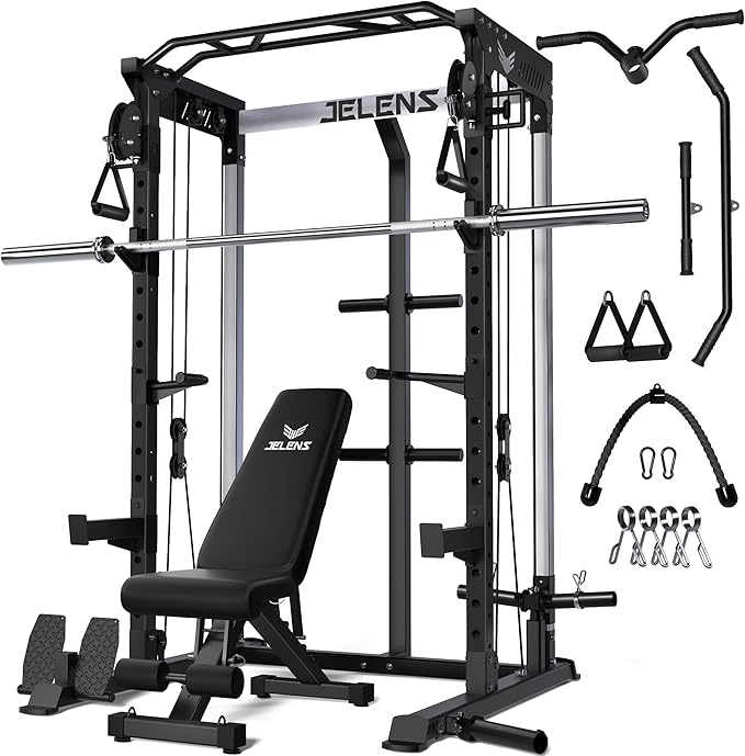 JELENS C21 Power Cage, 2000LBS Multi-Function Power Rack with Independent Dual Pulley System, All-in-One Squat Rack for Cable Crossover, Home Gym Workout Machine