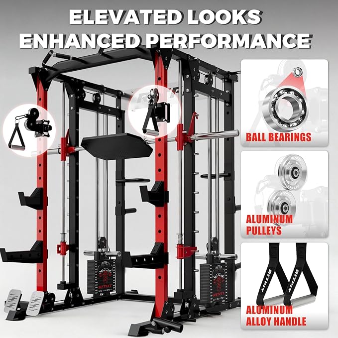 RitFit Buffalo Smith Machine Package, All-in-One Power Cage with Weight Stack , Power Rack with Cable Crossover & Leg Press Attachment for Home Gym