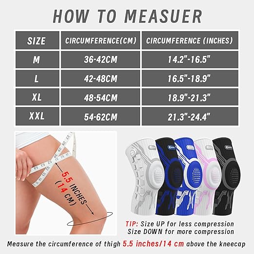 Kuangmi Knob Knee Brace for Pain Relief, Knee Support with Patella Gel Pad & Side Stabilizers, Compression Knee Sleeve for Workout, Arthritis, Joint Pain, Meniscus Tear (White,Left,Large,Single)