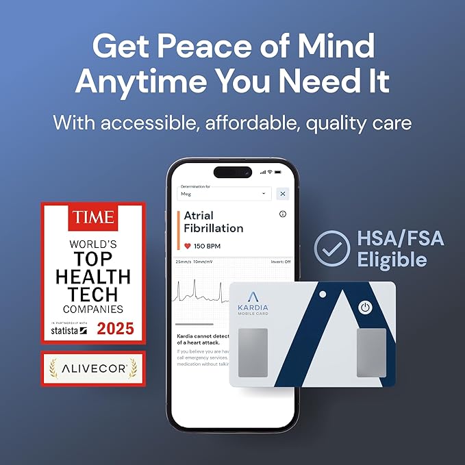 KardiaMobile Card Credit-Card Sized EKG, Medical-Grade & FDA-Cleared Personal Heart Monitor, Bluetooth Enabled, On-The-Go Check-Up Anywhere, Compatible with Most Smartphones, No Subscription Required