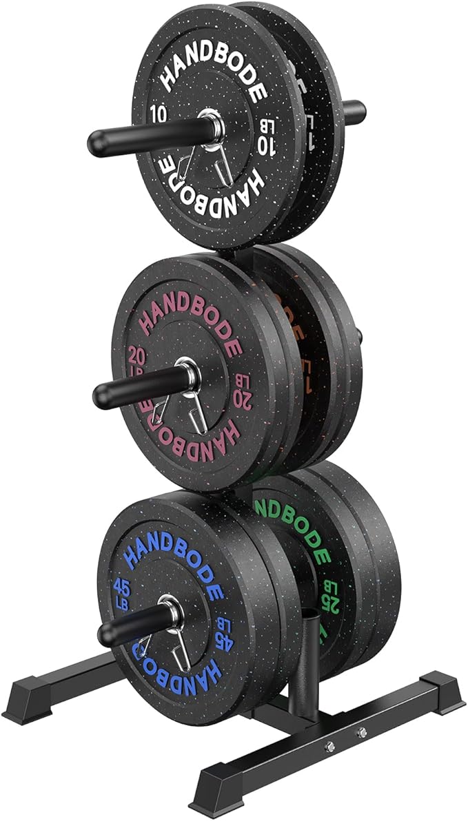 HANDBODE Weight Plate Rack with Barbell Storage, 6-Peg Vertical Holder for 1 or 2-Inch Plates, Heavy Duty 1100 lbs Capacity for Home Gym Organization