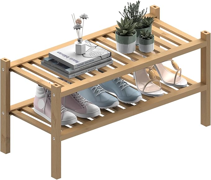 (Thick Bamboo Shoe Rack for Entryway, 2-Tier Free Standing Shoe Racks Stackable Shoe Rack Organizer for Hallway Closet Living Room 27 x12 x14 Inches