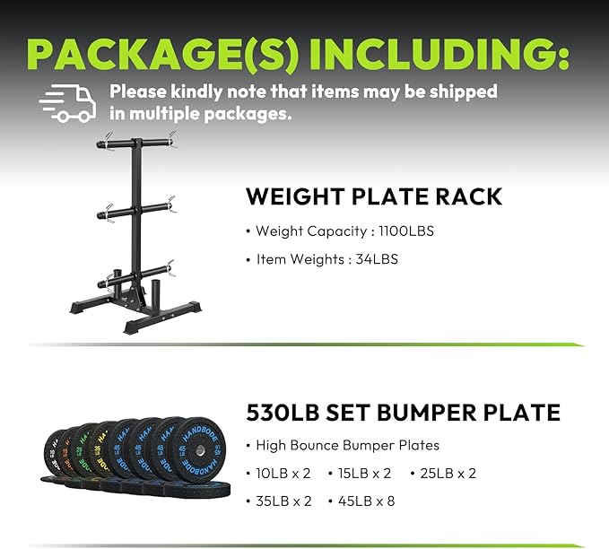 HANDBODE Weight Plate Rack with Barbell Storage, 6-Peg Vertical Holder for 1 or 2-Inch Plates, Heavy Duty 1100 lbs Capacity for Home Gym Organization