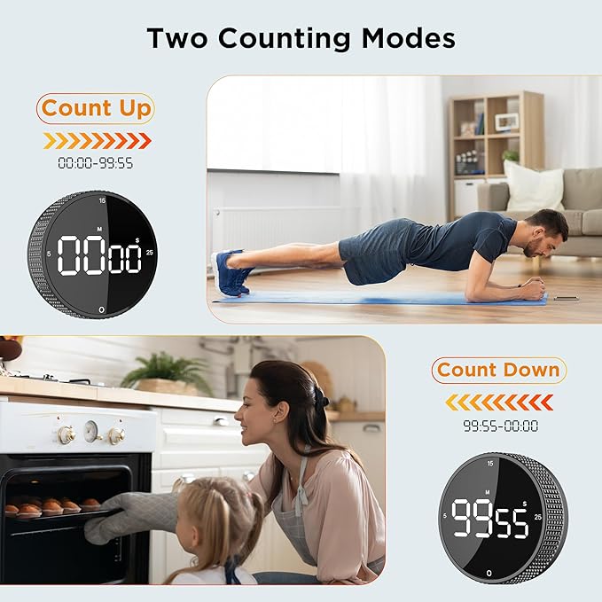 Upgrade Digital Kitchen Timer - Magnetic Countdown Countup Visual Pomodoro Timer with Large LED Display, 3-Preset Times (5, 15, 25), 3 Volume Levels, Ideal for Cooking, Baking and Fitness (1, Black)