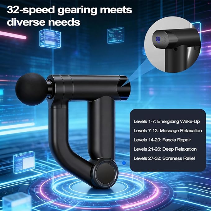 Foldable Massage Gun with Upgraded Extension Handle, 32 Speeds Massage Gun Deep Tissue - Back Massager for Pain Relief Deep Tissue, Muscles/Neck/Shoulders/Waist/Legs Massager