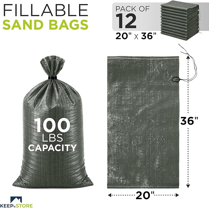 Heavy Duty Sand Bags Pack of 12, Army Green Empty Sandbags with Built-In Ties, Woven Polypropylene UV Protection 1600 Hours, Fillable Bags for Flood Control, Weight, 20x36 inches, 100 Pounds Volume