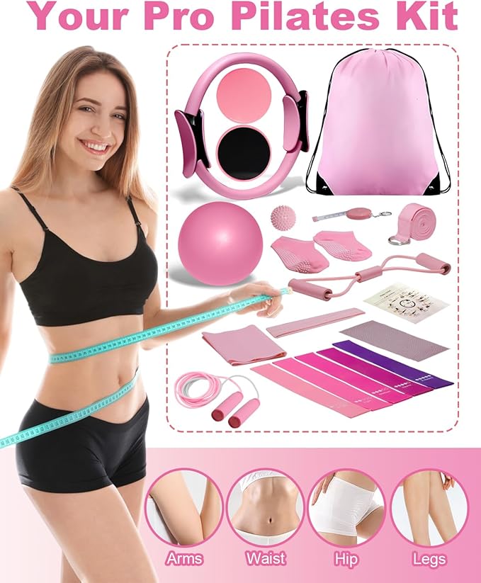 Pilates Essential Kit, Pilates Equipment Set for Women with Pilates Ring and Ball Set, Resistance Bands, Jump Rope and Core Sliders at Home Pilates Kit for Women Yoga Fitness Workouts&Better Me Gifts