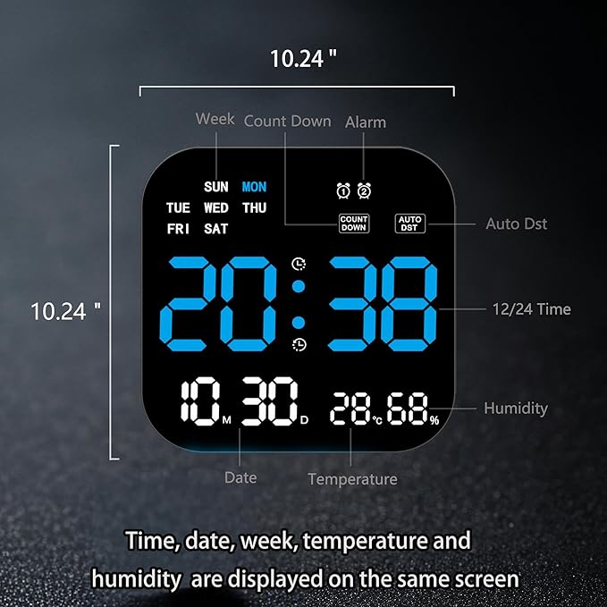 Large Digital Wall Clock with Date,Timer, Dimmer, Temperature,Humidity, Auto DST,Decor for Living Room, Bedroom, Office, Gym, Garage (Blue) 8803