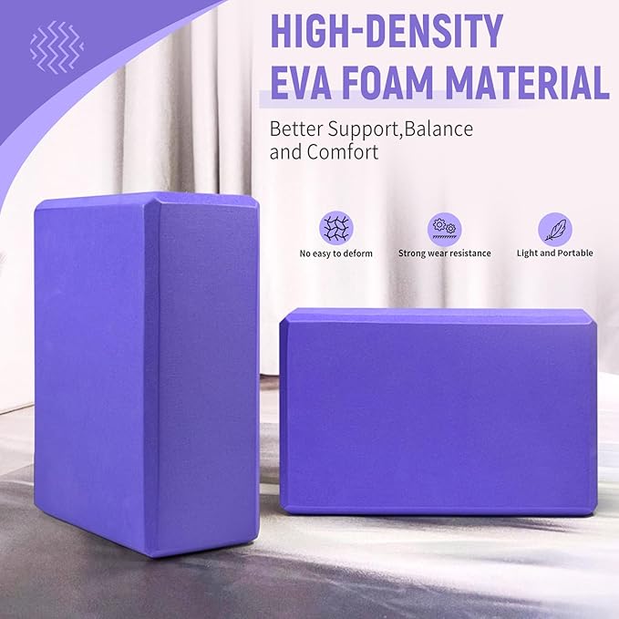 Yoga Blocks 2 Pack, 9"x6"x3" High-Density EVA Foam Yoga Block, Non-Slip Yoga Blocks for Yoga, Pilates Meditation, Stretching and Toning, Supportive, Latex-Free