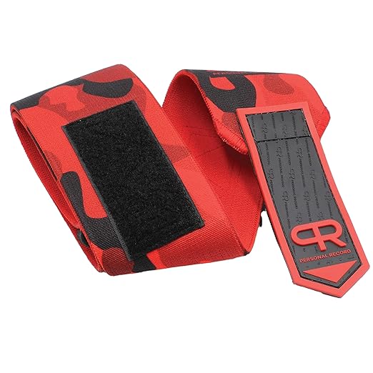 PR Personal Record Elbow Wraps for Weightlifting - Heavy Duty Construction, 25% More Elasticity, Reinforced Stitching, Extra Wide Fastener, Easy to Adjust, (Red Camo)