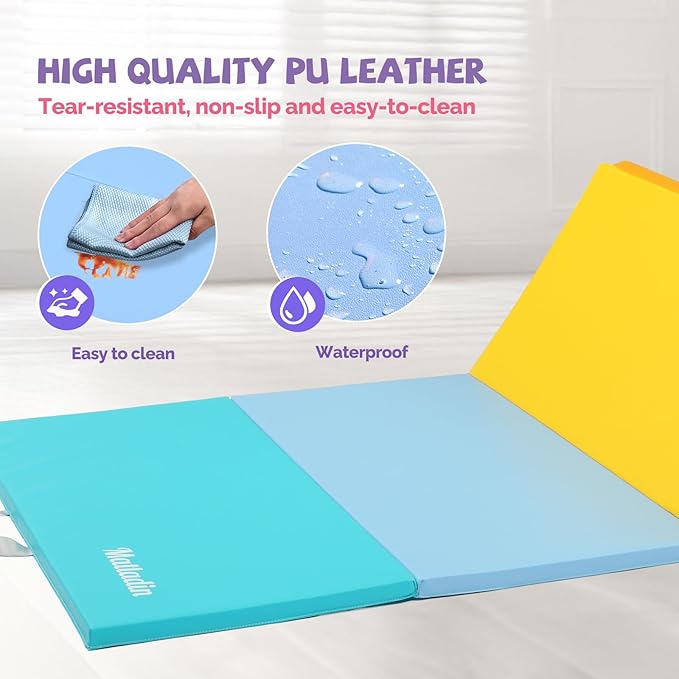Matladin 8 FT/6FT Folding Gymnastics Gym Exercise Aerobics Mat, PU Leather Tumbling Mats for Stretching Yoga Cheerleading Martial Arts, Play