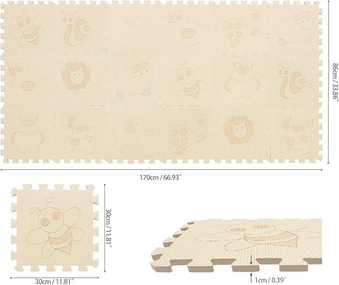 qqpp EVA 18 Tiles Baby Play Mat for Playing, Interlocking Foam Floor Mats for Tummy Time & Crawling, Puzzle Flooring Tiles with Animals Laser Pattern for Kids. Beige. QL-11(J) b18N