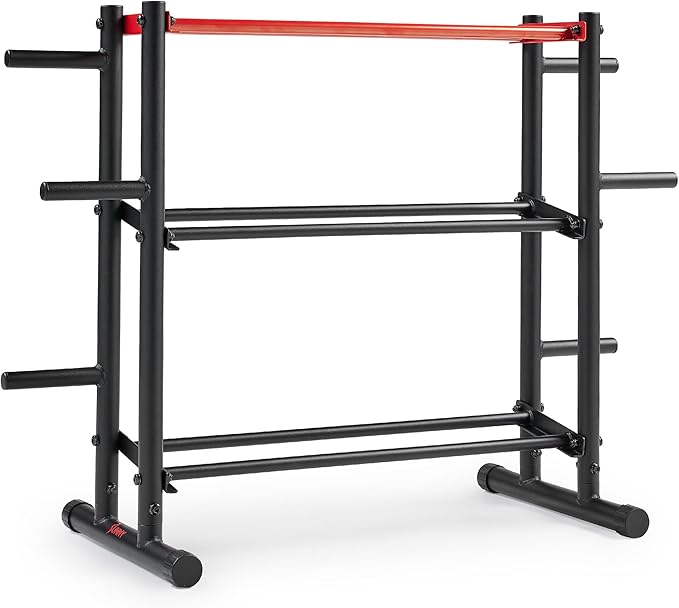 Sunny Health & Fitness Multi-Weight Storage Rack Stand for Dumbbells, Kettlebells, Olympic Weight Plates, Barbell, Medicine Ball