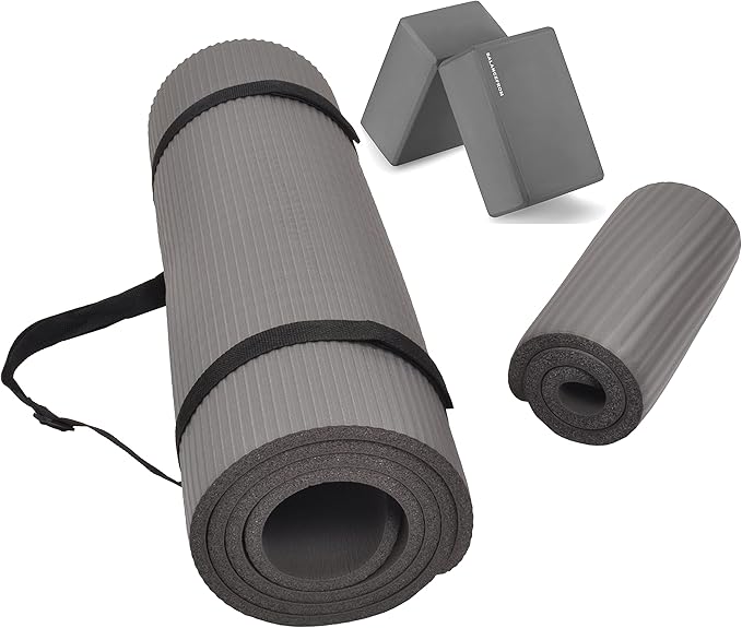 Fitvids All Purpose 1/2-Inch Extra Thick High Density Anti-Tear Exercise Yoga Mat and Knee Pad with Carrying Strap and Optional Yoga Blocks, Multiple