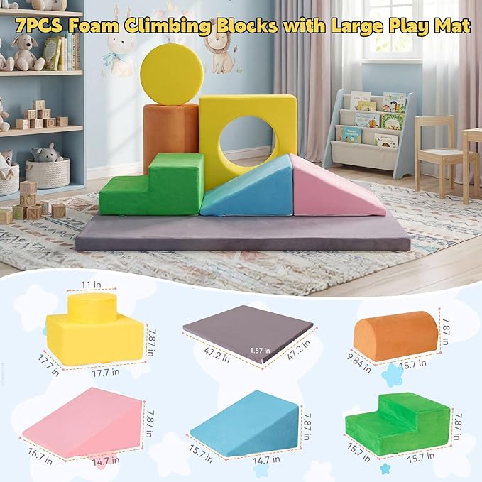 7-Piece Foam Climbing Blocks for Toddlers, Toddler Climbing Toys Indoor, Climb and Crawl Soft Foam Play Set with 47x47, 1.5" Thick Baby Play Mat for Floor, Removable & Machine-Washable Cover