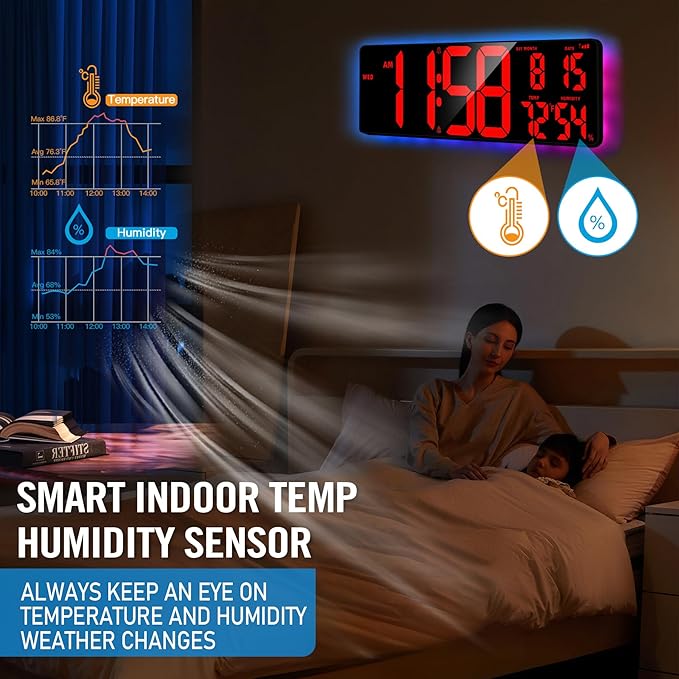 TXL 16.5" Bluetooth Red Large LED Digital Wall Clock, Count Up/Down Timer Clock with Ambient Lighting, Adjustable Brightness Wall Clock for Home, Office, Gym, Elderly, Auto DST