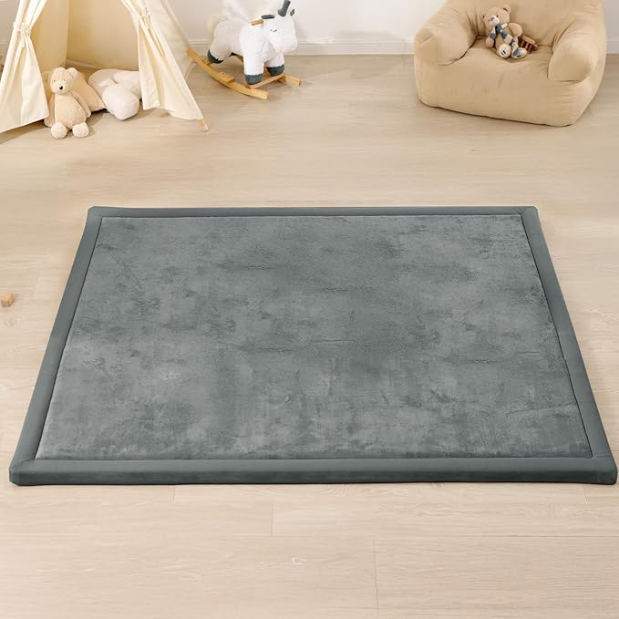 1.3" Thick Baby Floor Play Mat, 59x79 Padded Foam Tummy Time Crawling Mat, Non-Slip Water-Repellent Soft Plush Nursey Area Rug for Playroom Bedroom Living Room (Dark Gery)
