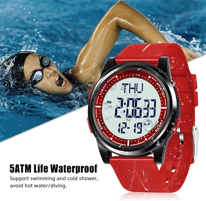 Beeasy Digital Watch for Men Women, 50M Waterproof, Ultra-Thin & Lightweight, 44mm Silicone Sports Watch with Alarm, Stopwatch, Countdown, Ideal for Gym, Running, School, Daily Wear