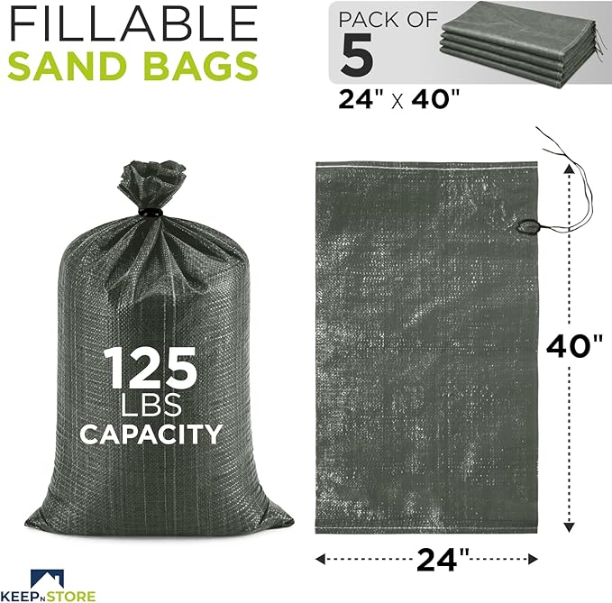 Heavy Duty Sand Bags Pack of 5, Army Green Empty Sandbags with Built-In Ties, Woven Polypropylene UV Protection 1600 Hours, Fillable Bags for Flood Control, Weight, 24x40 inches, 125 Pounds Volume