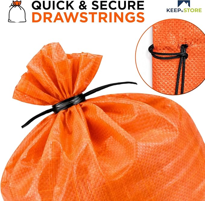 Heavy Duty Sand Bags Pack of 5, Bright Orange Empty Sandbags with Built-In Ties, Woven Polypropylene UV Protection 1600 Hours, Fillable Bags for Flood Control, Weight, 24x40 inches, 125 Pounds Volume
