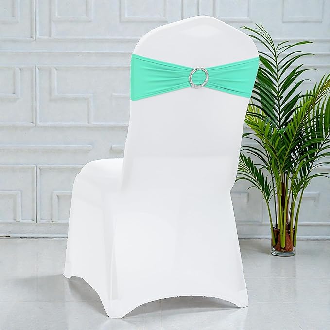 VDS - Tiffny Blue | Spandex Chair Sashes Bows | 25 PCS | Stretch Elastic Banquet Universal Folding Chair Band Tie with Silver Buckle Slider for Wedding Party Conference Celebration Event Decoration