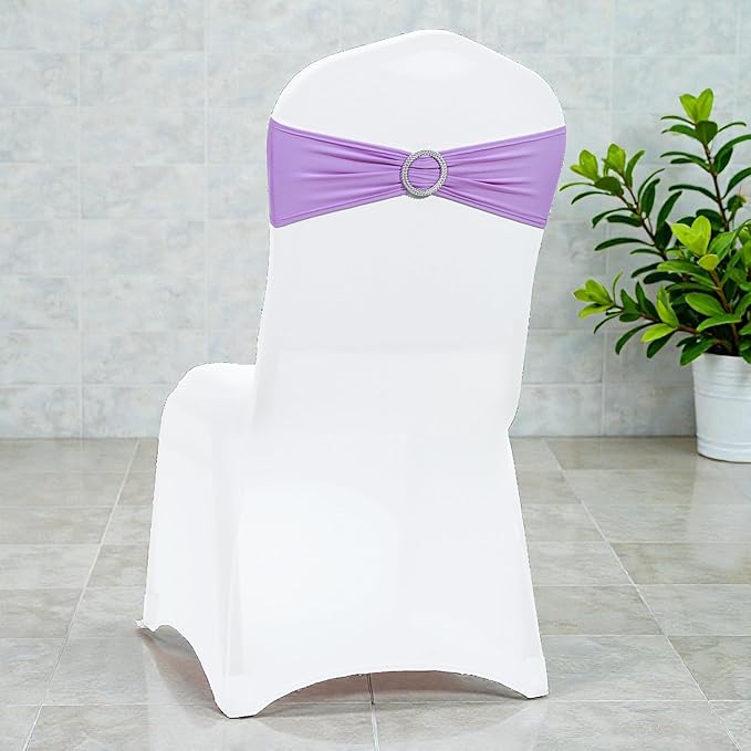 VDS - Lavender | Spandex Chair Sashes Bows | 300 PCS | Stretch Elastic Banquet Universal Folding Chair Band Tie with Silver Buckle Slider for Wedding Party Conference Celebration Event Decoration