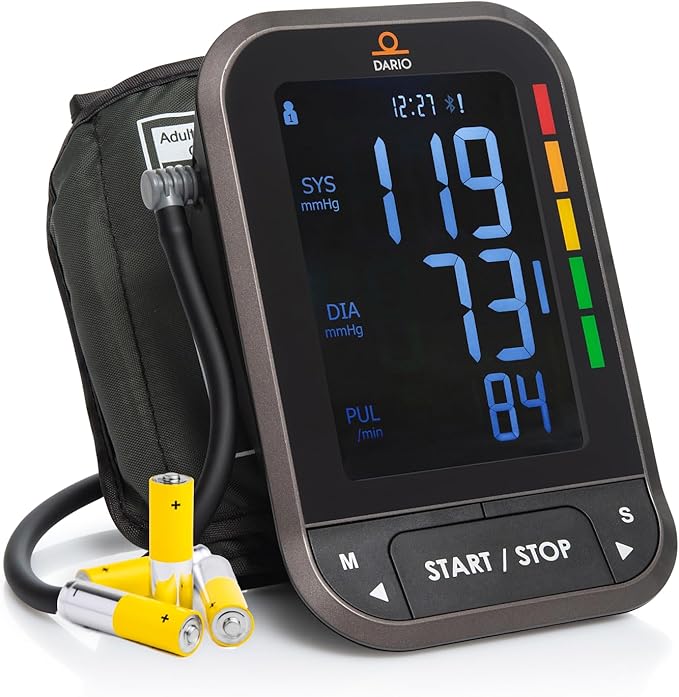 Dario Blood Pressure Monitor for Home Use Gen2 Automatic Machine, LCD Backlit Display, Large Adjustable Arm Cuff (8.75-16.5in) Smart Bluetooth App & Carry Case