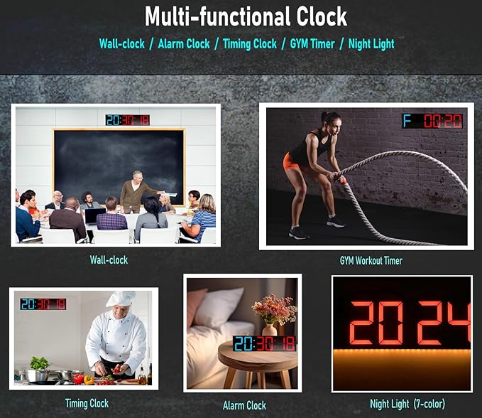 26'' Huge Home Gym Interval Workout Timers, Digital Wall Clock, with Countdown, Stopwatch, 7-Color Light, 8-Alarms, Calendar/Temperature Display, for HIIT/Tabata/FGB/EMOM (Blue & Red)