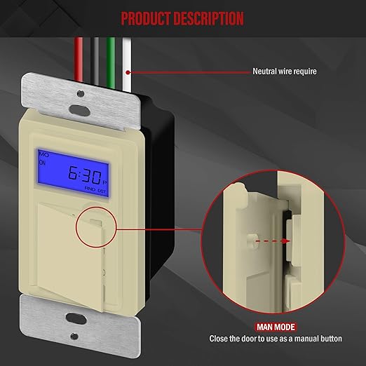 Enerlites 7 Days Digital in-Wall Programmable Timer Switch for Lights, Fans, and Motors, Single Pole, Neutral Wire Required, 7-Day 18 ON/Off Timer Settings, with Blue Backlight, HET01, Ivory