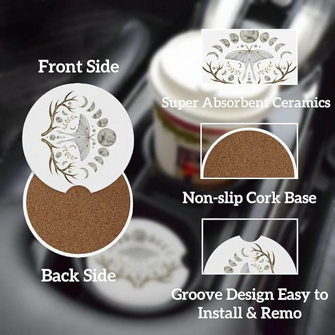 Car Cup Holder Coasters, 2 Pcs Ceramic Coasters with Finger Slot and Cork Back, Anti-Slip Shock Absorbing Women and Men Universal Car Accessories - White Butterfly