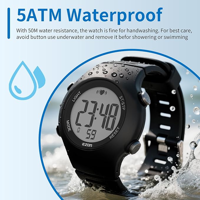EZON Heart Rate Monitor Chest Strap and Digital Watch T037,5ATM Waterproof Fitness Tracker with HRM,Calories Burned,Stopwatch and Hourly Chime (Watch Band Included)