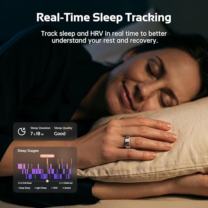 opove O Ring Smart Ring, Fitness Trackers Rings with Sleep/Stress/Heart Rate/Women's Health Monitoring, Comfortable Wearing, Up to 7 Days Using, Fitness Ring for Android & iOS, Silver-Size12