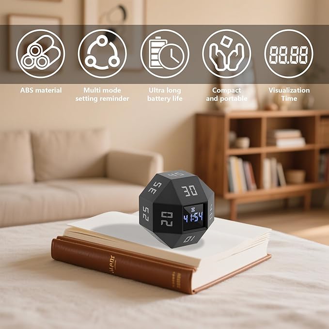 Flip Timer with Small Screen, 3 Alert Modes (Sound/Vibration/Silent) for Classroom, Cooking, Baking, Study - Black