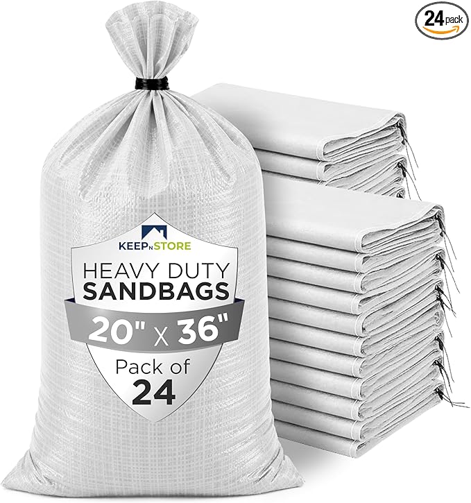 Heavy Duty Sand Bags Pack of 24, White Empty Sandbags with Built-In Ties, Woven Polypropylene UV Protection 1600 Hours, Fillable Bags for Flood Control, Weight, 20x36 inches, 100 Pounds Volume