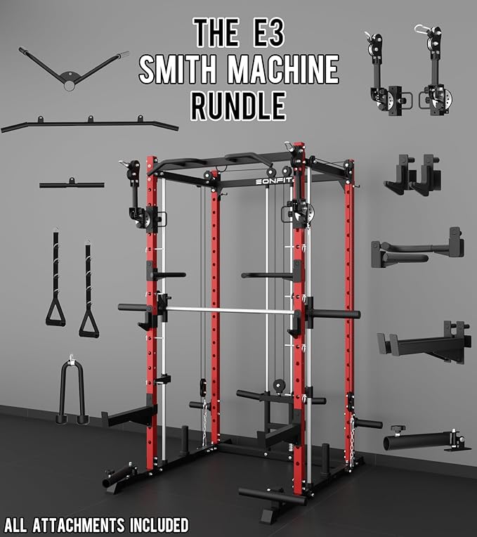 Eonfit E3 Smith Machine for Home Gym Equipment, Multi-Function Power Cage Squat Rack with Cable Crossover LAT Pulldown Pulley System All in One