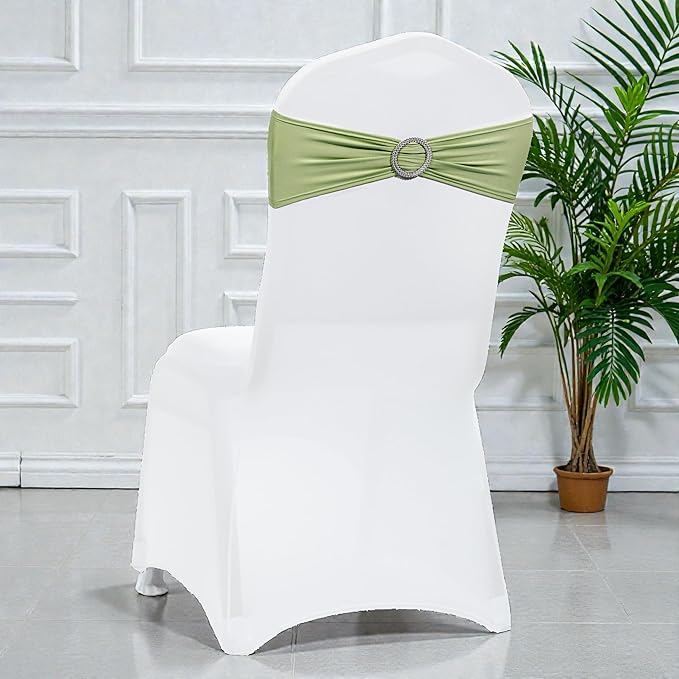 MDS Pack of 50 Spandex Chair Sashes Bow Premium Stretch Chair Cover Band with Buckle Slider Universal fits Elastic Dining Chair Ties for Wedding Party Banquet Events Decoration - Sage Green