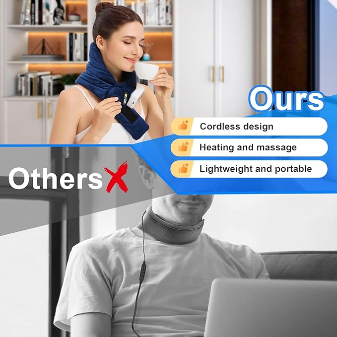 Neck Heating Pad with Vibration Massage for Neck Pain Relief,Portable Cordless Heating Pad for Neck,Heated Neck Wrap Cordless for Soreness Stiffness