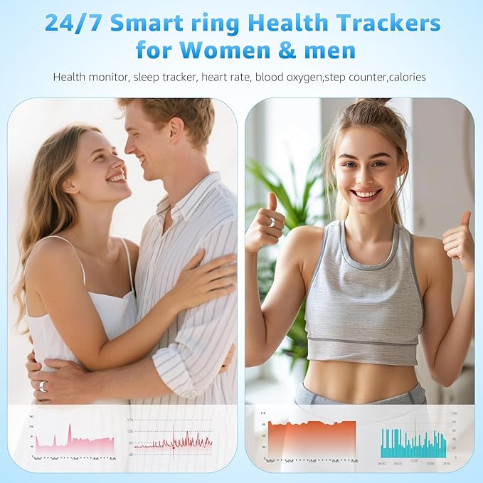 Smart Ring Health Tracker for Women & Men, Fitness Ring with Heart Rate Blood Oxygen, Sleep monitor, Step Tracker, IP68 Waterproof Compatible with iOS & Android, No Subscription Fee (Silver, 10)