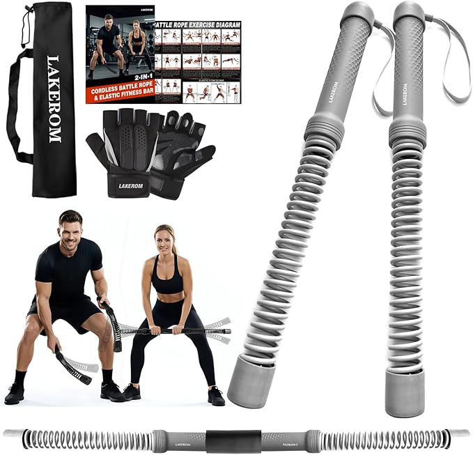 Ropeless Battle Ropes (2-in-1) Elatic Fitness Bar,Cordless Battle Ropes Sticks with Exercise Guide,Portable Home Gym Equipment for HIIT,Strength Low-Impact Workouts for Men & Women Grey